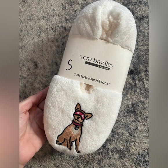 Vera Bradley Shoes - Vera Bradley Cream Fleece Slipper Socks with Dog Design NEW